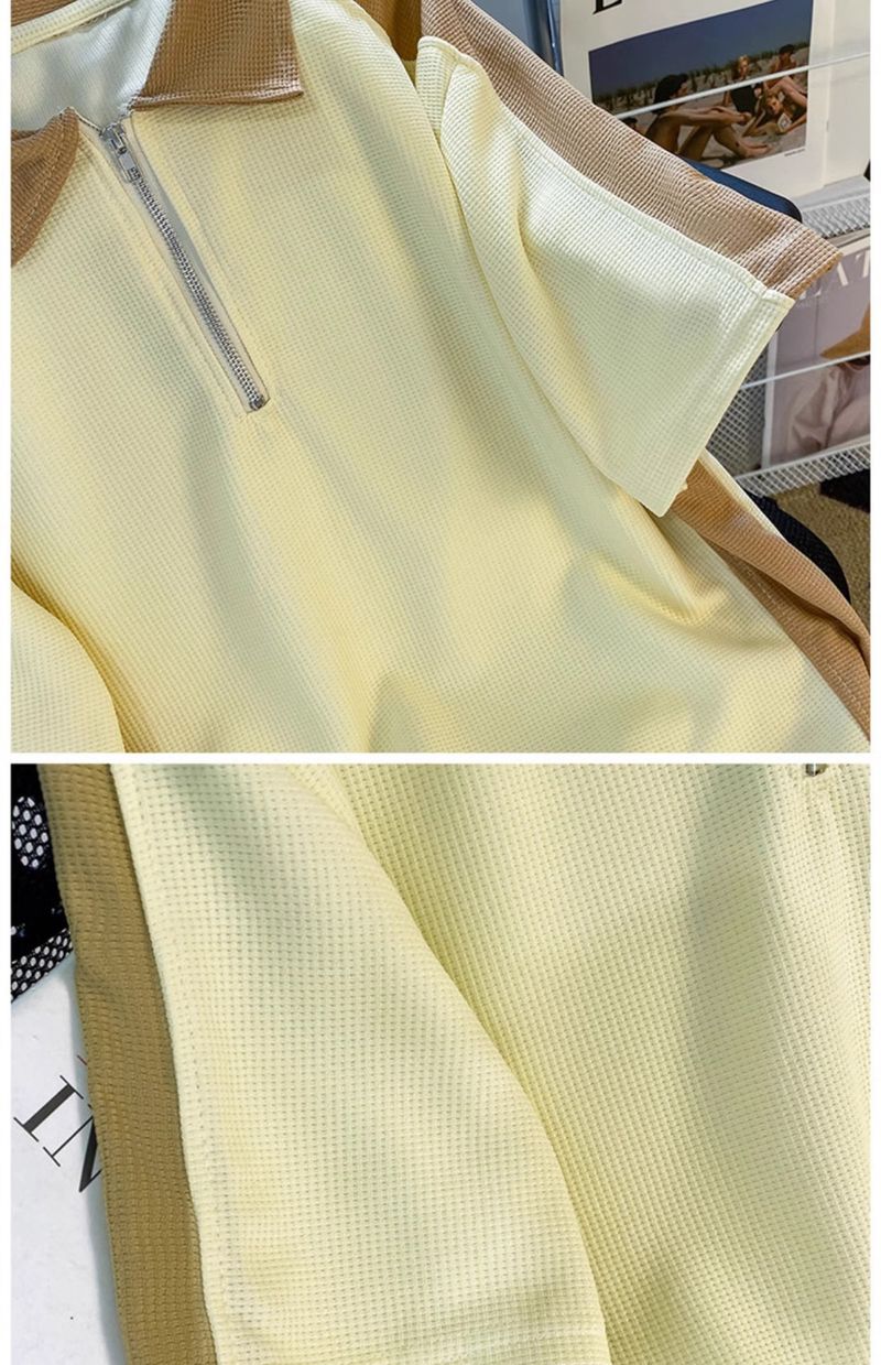 Men's Clothing Waffle sports suit summer men's clothing color matching lapel short sleeved T shirt set with handsome casual shorts_autovado.com