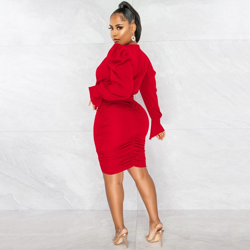 Women's Clothing fashion casual solid color long-sleeved pleated V-neck dress for women_autovado.com