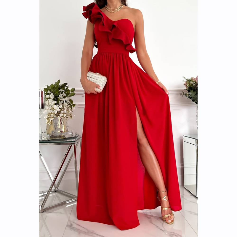 women's solid color oblique collar fashion mesh splicing high waist slit dress_autovado.com