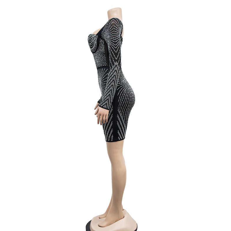 Women's solid color mesh rhinestone long-sleeved short skirt dress_autovado.com