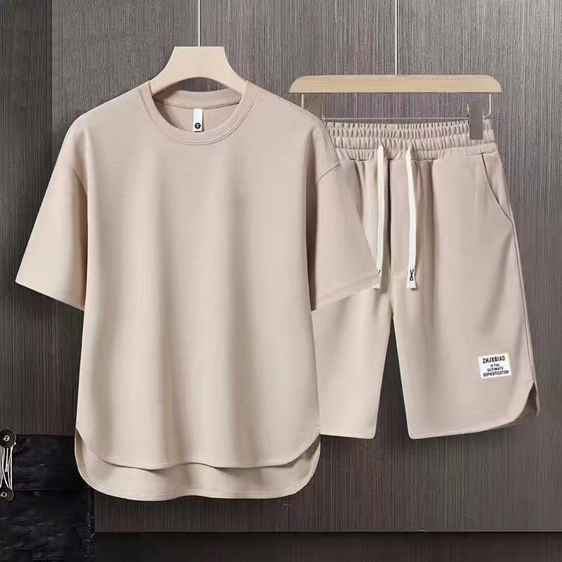 Men's Clothing Summer fashion brand new short sleeved T suit men's loose large size shorts set advanced handsome waffle two piece suit_autovado.com