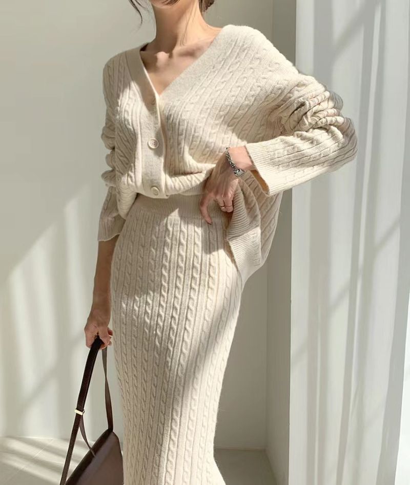 Women's Clothing elegant V-neck linen pattern knitted cardigan sweater + high waist sheath skirt_autovado.com