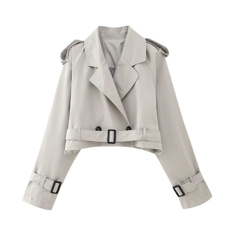 New women's European and American style belted long sleeved short casual windbreaker jacket_autovado.com