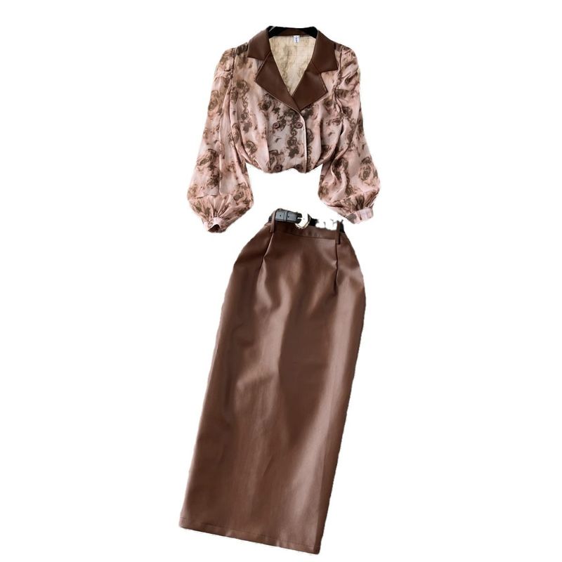 Women's Clothing collar floral chiffon shirt high waist tight PU leather skirt female high end outfit two piece suit_autovado.com