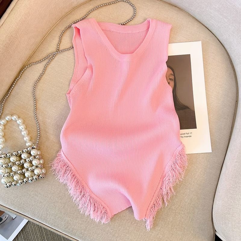 Women's Pink Tassel Knitted Small Camisole + High Waist Wide Leg Casual Shorts_autovado.com