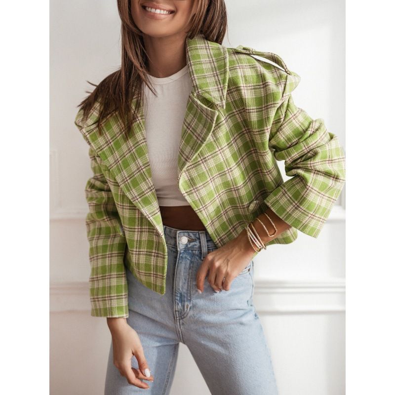 Women's Clothing New 2024 Fashion Suit Collar Plaid Printed Wool Coat_autovado.com