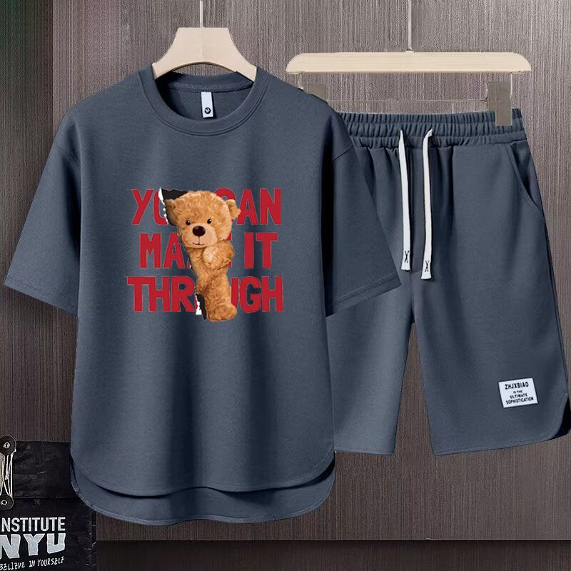 Men's Clothing 2024 Waffle Casual Summer Suit Men's Loose Teen Short sleeved T shirt Shorts Handsome Two piece Suit_autovado.com