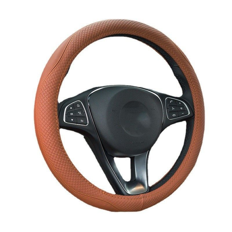 Double Needle Leather Steering Wheel With Two Color Splicing Circular Car Cover, Minimalist Sports Windmill Handle Cover_autovado.com