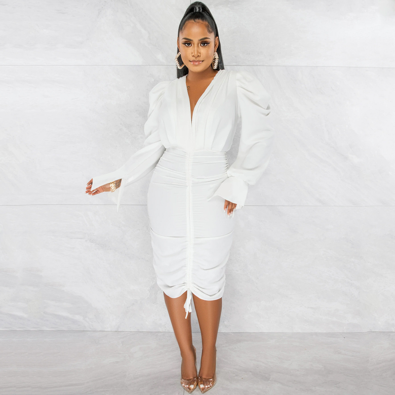 Women's Clothing fashion casual solid color long-sleeved pleated V-neck dress for women_autovado.com