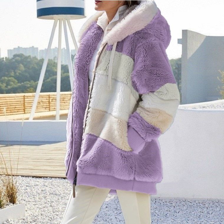 Women's Clothing autumn and winter warm plush patchwork zipper pocket hooded loose coat _autovado.com