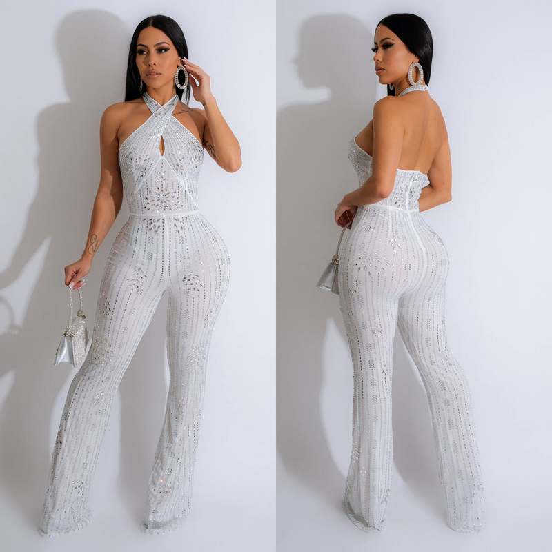 Women's solid color hot diamond sleeveless halterneck trousers jumpsuit_autovado.com
