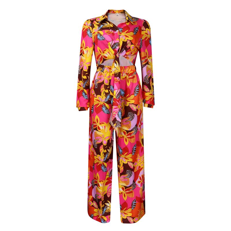 Women's Fashion Print Two-piece Suit Lapel Tie Shirt Wide Leg Pants Suit_autovado.com