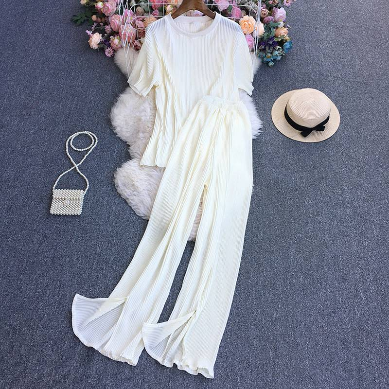 Women's Fashion Clean Color Shirt Two-piece Set Of High Waist Vertical Vertical Wide Leg Pants_autovado.com