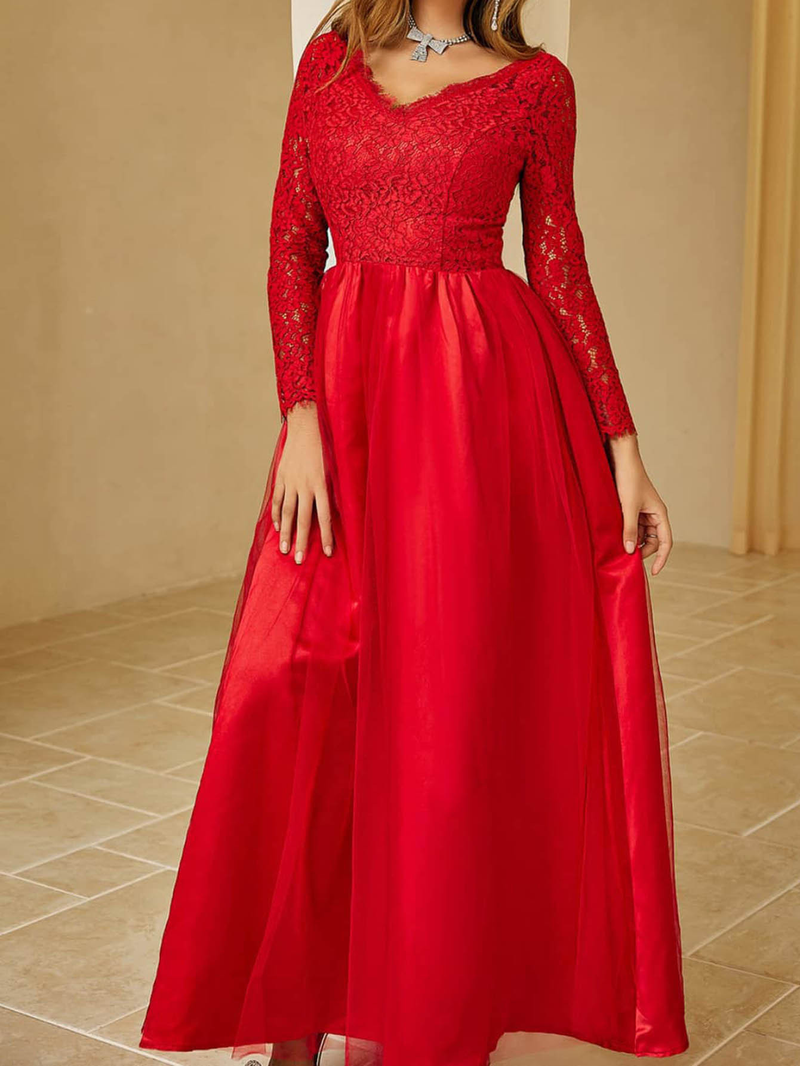 Women's new clothing mesh lace long sleeve wedding wedding dress red evening dress_autovado.com