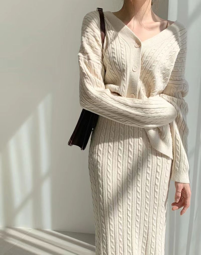 Women's Clothing elegant V-neck linen pattern knitted cardigan sweater + high waist sheath skirt_autovado.com