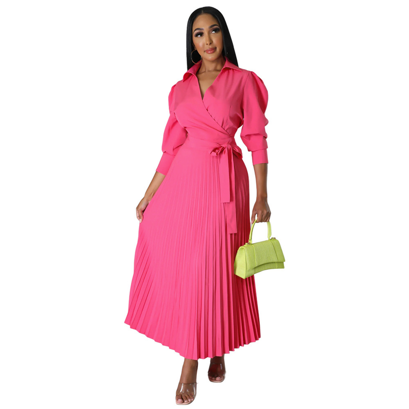 Long sleeved Polo collar high waist fashion casual pleated women's dress_autovado.com