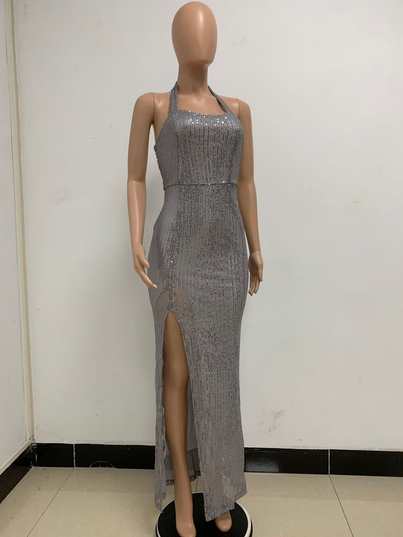 Women's slit sleeveless hot girl dress female halter neck backless sequin dress skirt_autovado.com