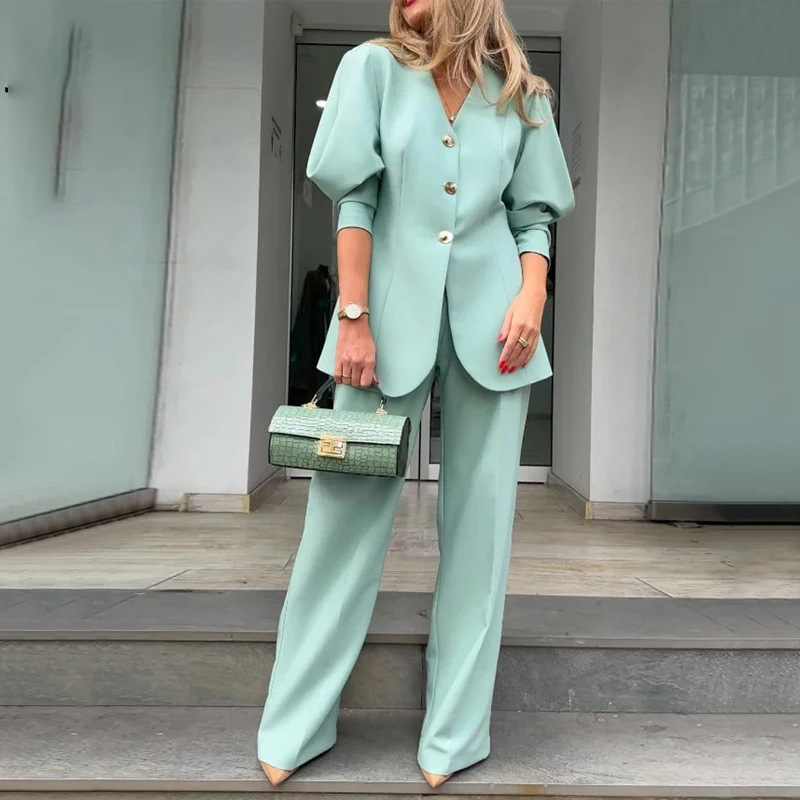 Women's fashion solid color lantern sleeve loose suit temperament commuting suit_autovado.com