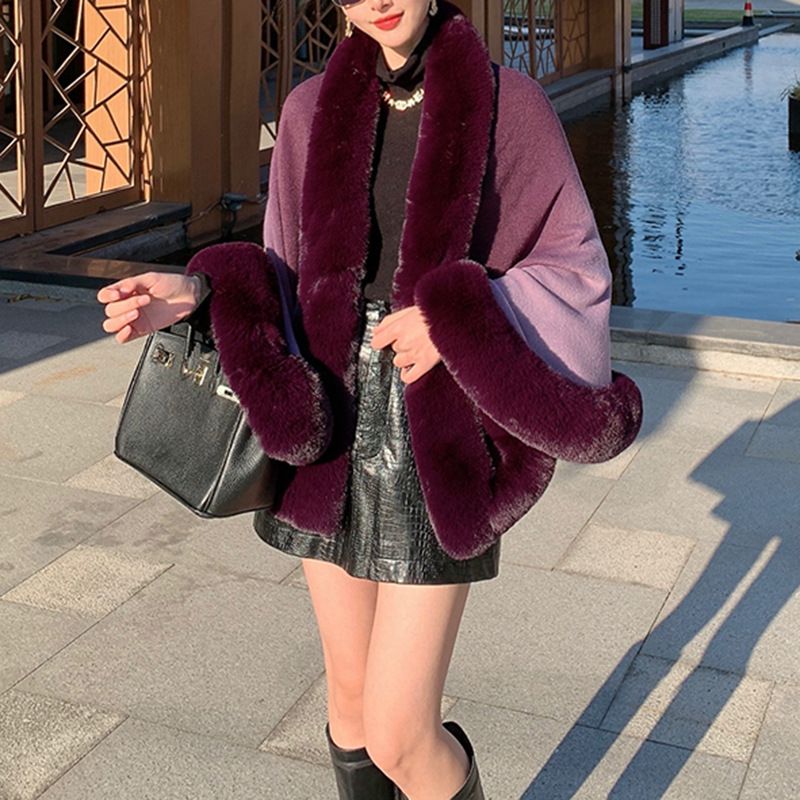 Women's Clothing New rex rabbit fur collar gradien autumn and winter shawl cape large size women's knitted cardigan jacket_autovado.com