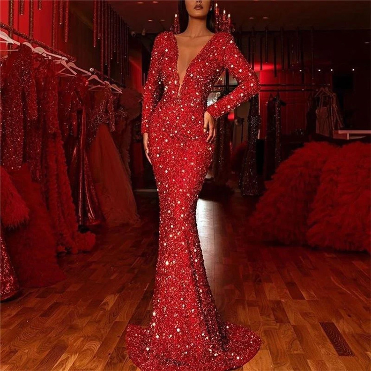 Women's Clothing Women's Dress Fishtail Edge Red Sparkling Long Sleeve V-neck Dress Long Skirt_autovado.com