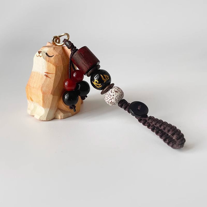 Hand Carved Wood Carved Orange Cat Shiba Inu Mi Ping An Six Character Mantra Woven Keychain Chain Ring Car Schoolbag Pendant Ornament_autovado.com