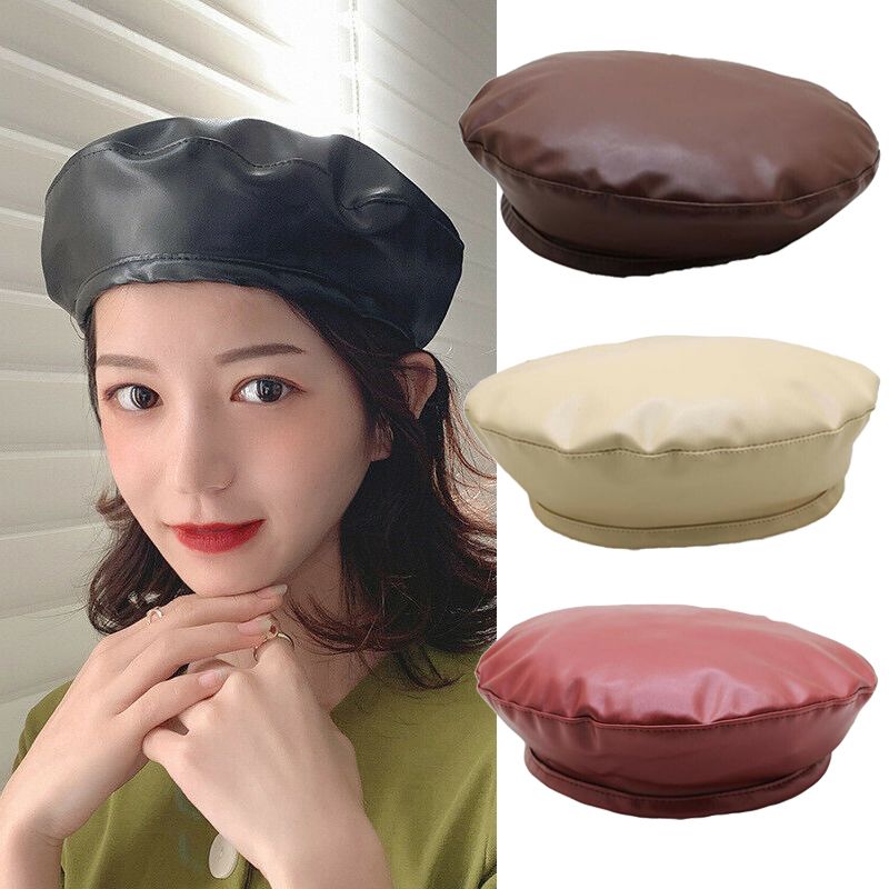 Hot Sale Vintage Women Solid PU Leather Beret French Artist Warm Beanie High Fashion Winter Ski Cap Lady All-Match Hat_autovado.com