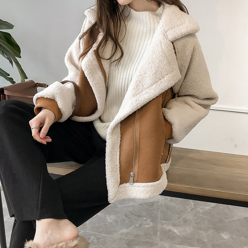 Women's Clothing Women's chic loose fur one-piece suede jacket women's short lamb velvet motorcycle jacket_autovado.com