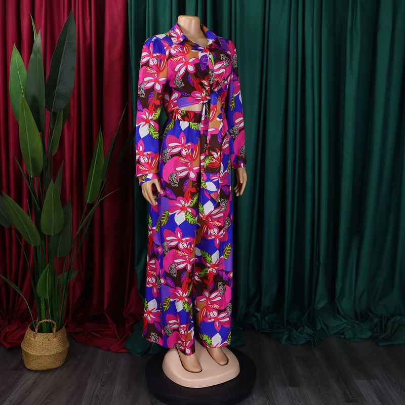 Women's Fashion Print Two-piece Suit Lapel Tie Shirt Wide Leg Pants Suit_autovado.com