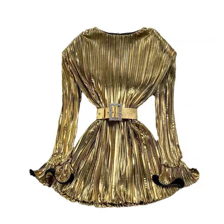 Women's round neck pleated stitching glossy waist style short dress_autovado.com