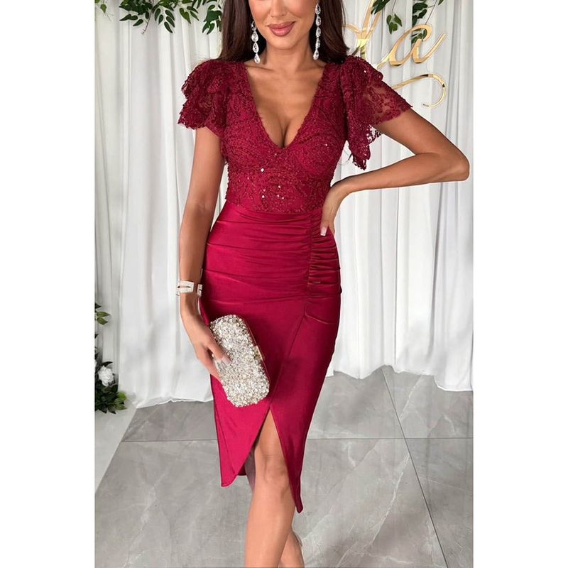 Women's spring and summer new casual short-sleeved slit dress party women's dress_autovado.com