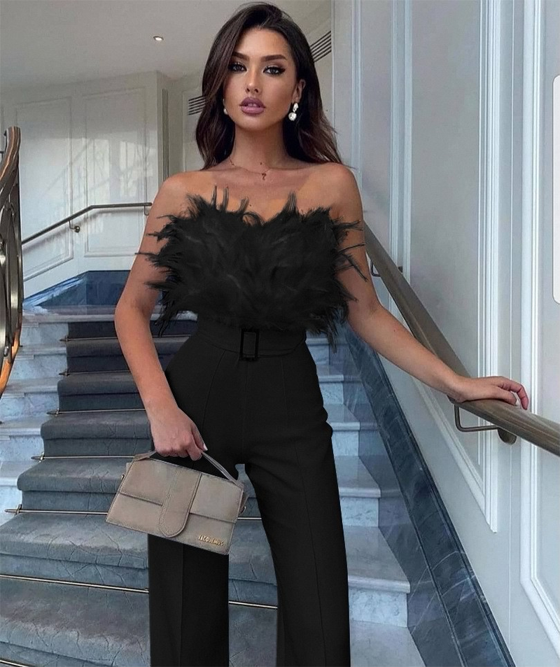 Spring and Summer European and American Feather Tube Top Sexy Fashion Jumpsuit_autovado.com