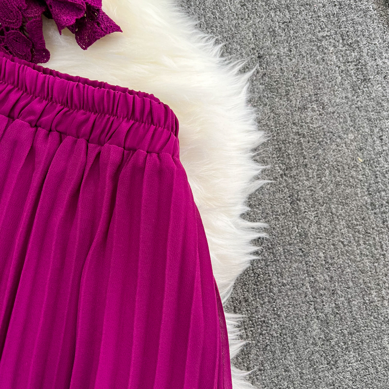 Women's fashion single breasted lace shirt two-piece set high waist a line pleated skirt_autovado.com