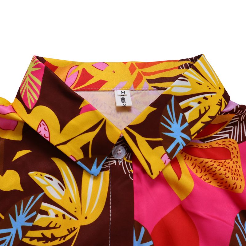 Women's Fashion Print Two-piece Suit Lapel Tie Shirt Wide Leg Pants Suit_autovado.com