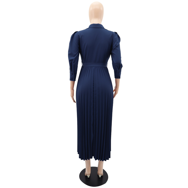 Long sleeved Polo collar high waist fashion casual pleated women's dress_autovado.com