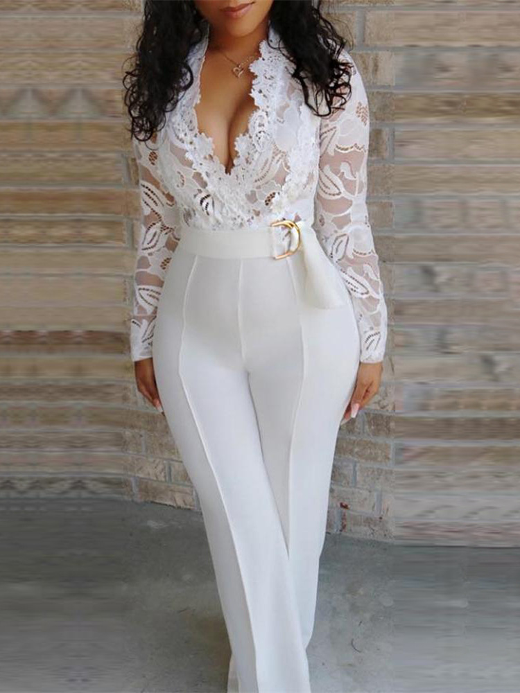 Women's sexy deep v white see-through lace splicing jumpsuit _autovado.com