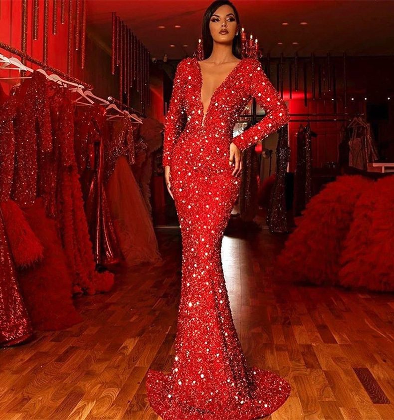 Women's Hip Dress Fishtail Edge Red Sequin Long Sleeve V-Neck Dress_autovado.com