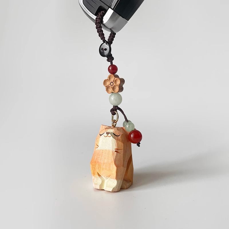 Hand Carved Wood Carved Orange Cat Shiba Inu Mi Ping An Six Character Mantra Woven Keychain Chain Ring Car Schoolbag Pendant Ornament_autovado.com