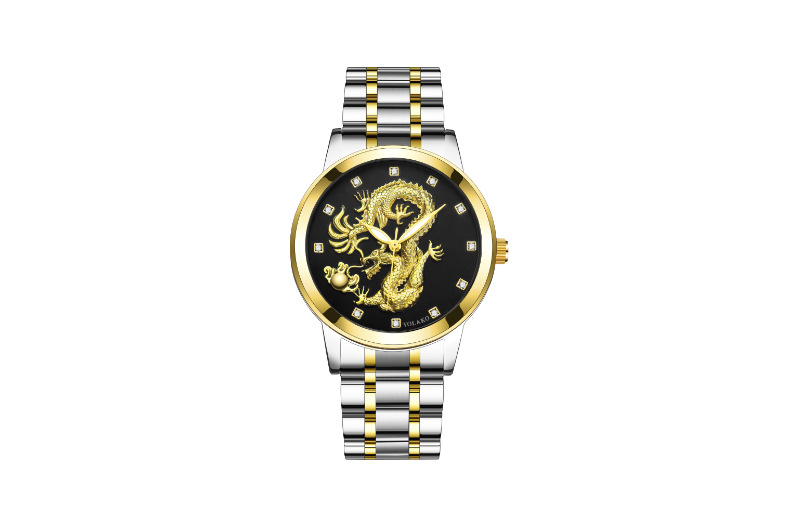 Men's Quartz Watch Men's Watch Diamond Yellow Gold Luminous Waterproof Steel Belt Relief Dragon Totem Watch_autovado.com