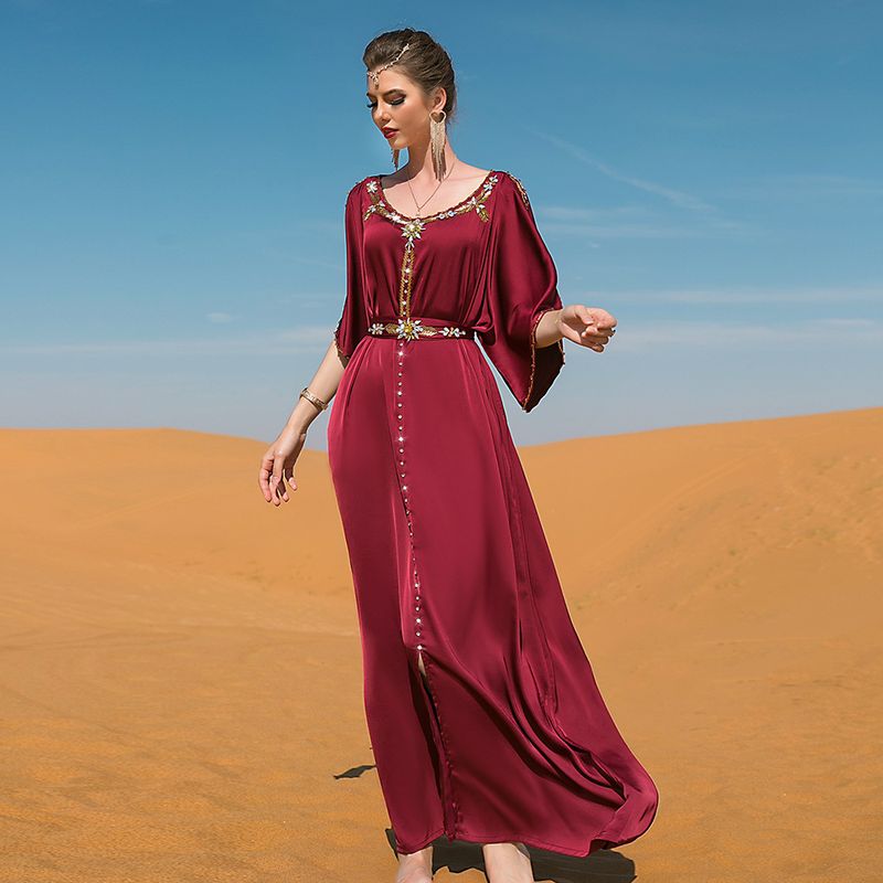Women's clothing Burgundy off-shoulder hand-stitched diamond design dress Middle Eastern party holiday gift_autovado.com
