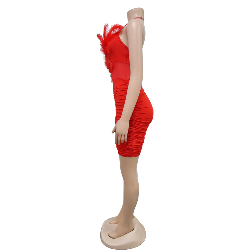 Women's solid color feather tube top sleeveless short skirt dress_autovado.com