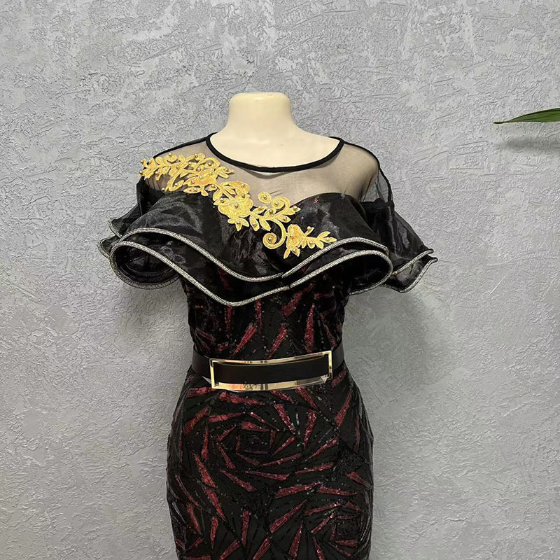 Rose-shaped Sequins Slim Mermaid Evening Dress Long Skirt One-shoulder Lotus Leaf Luxury Women's Clothing_autovado.com