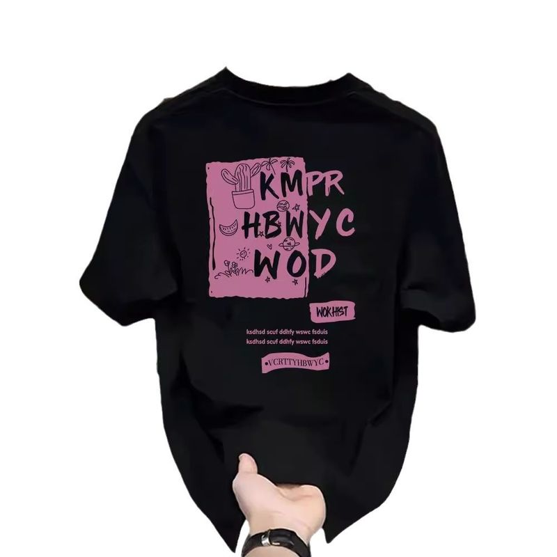 Men's clothing style handsome heavyweight cotton short-sleeved T-shirt - potted letters young men and women street loose round neck comfortable_autovado.com