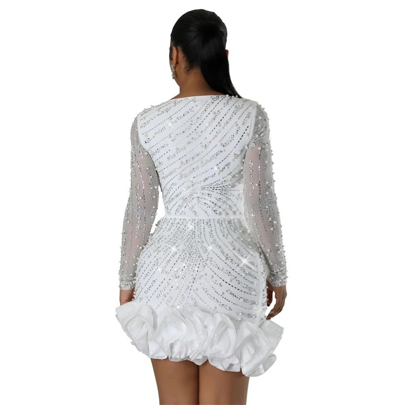 Women's Clothing Hot Diamond And Bubble Bead Dress Short Skirt For Women, Fashionable Long Sleeves And Square Collar_autovado.com