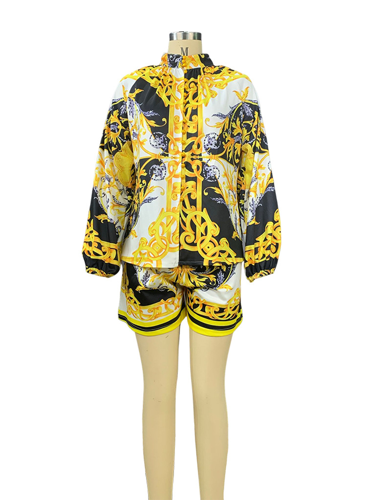 Women's printed long-sleeved blouse and shorts set two-piece_autovado.com