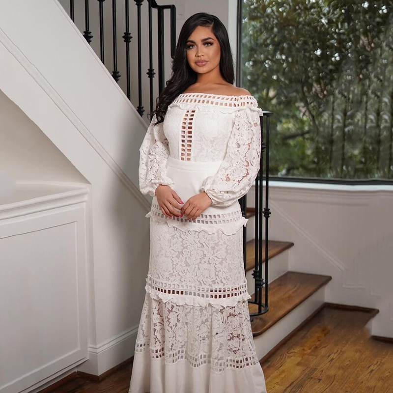 Women's lace dress line shoulder lotus wedding gown evening gown banquet dress_autovado.com