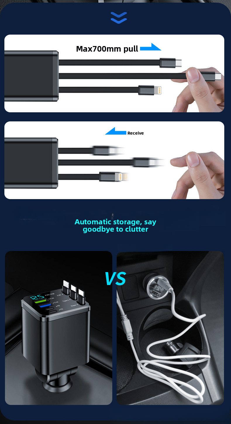 Digital Display Retractable Cable Charger PD Car Super Fast Charging Five-in-One Cigarette Lighter Cross-Border_autovado.com