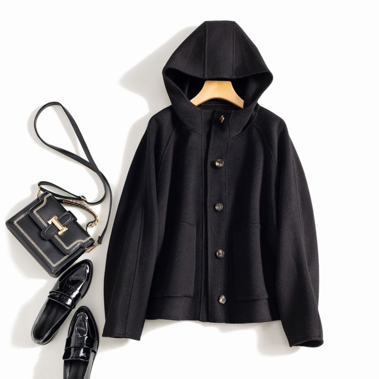 Women's Clothing quality double sided wool coat with hood and short button for women_autovado.com