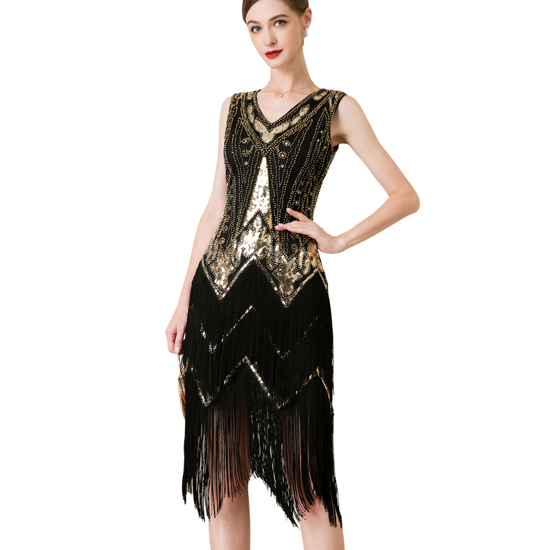 Women's retro 1920 V neck double layer fringed dress Gatsby cocktail ball sequin beaded dress_autovado.com