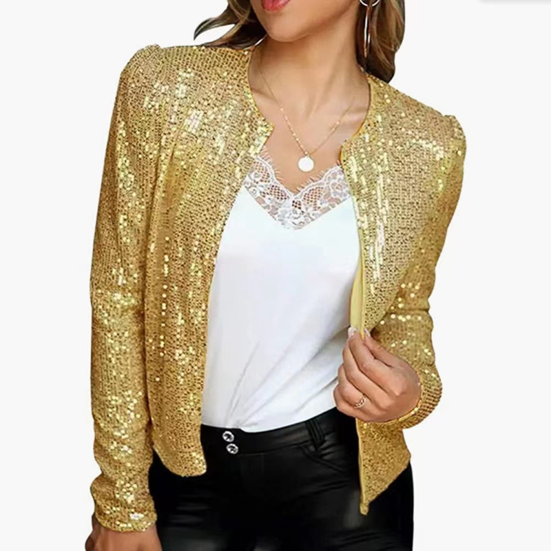 Women's round neck long-sleeved solid color cardigan casual versatile sequined jacket_autovado.com