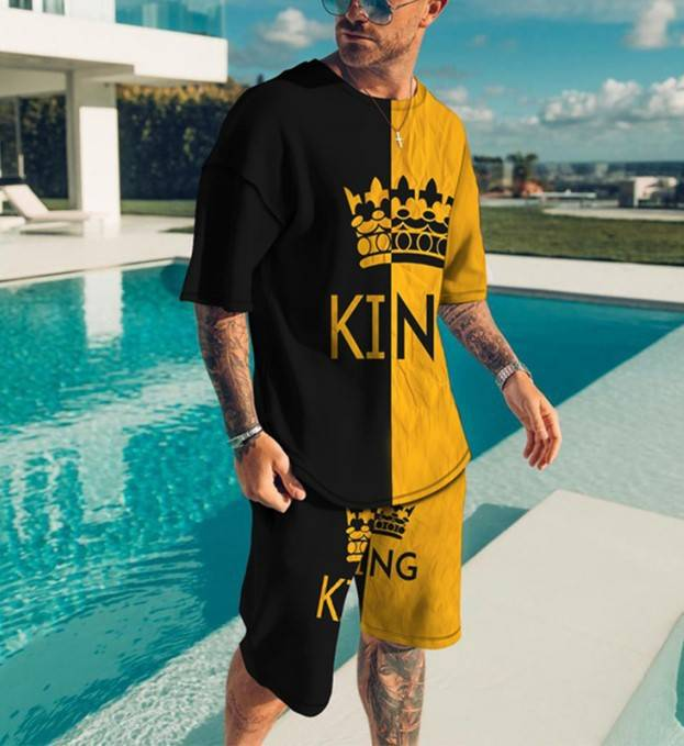 Men's Clothing shorts loose casual short-sleeved suit color matching KING printed T-shirt_autovado.com
